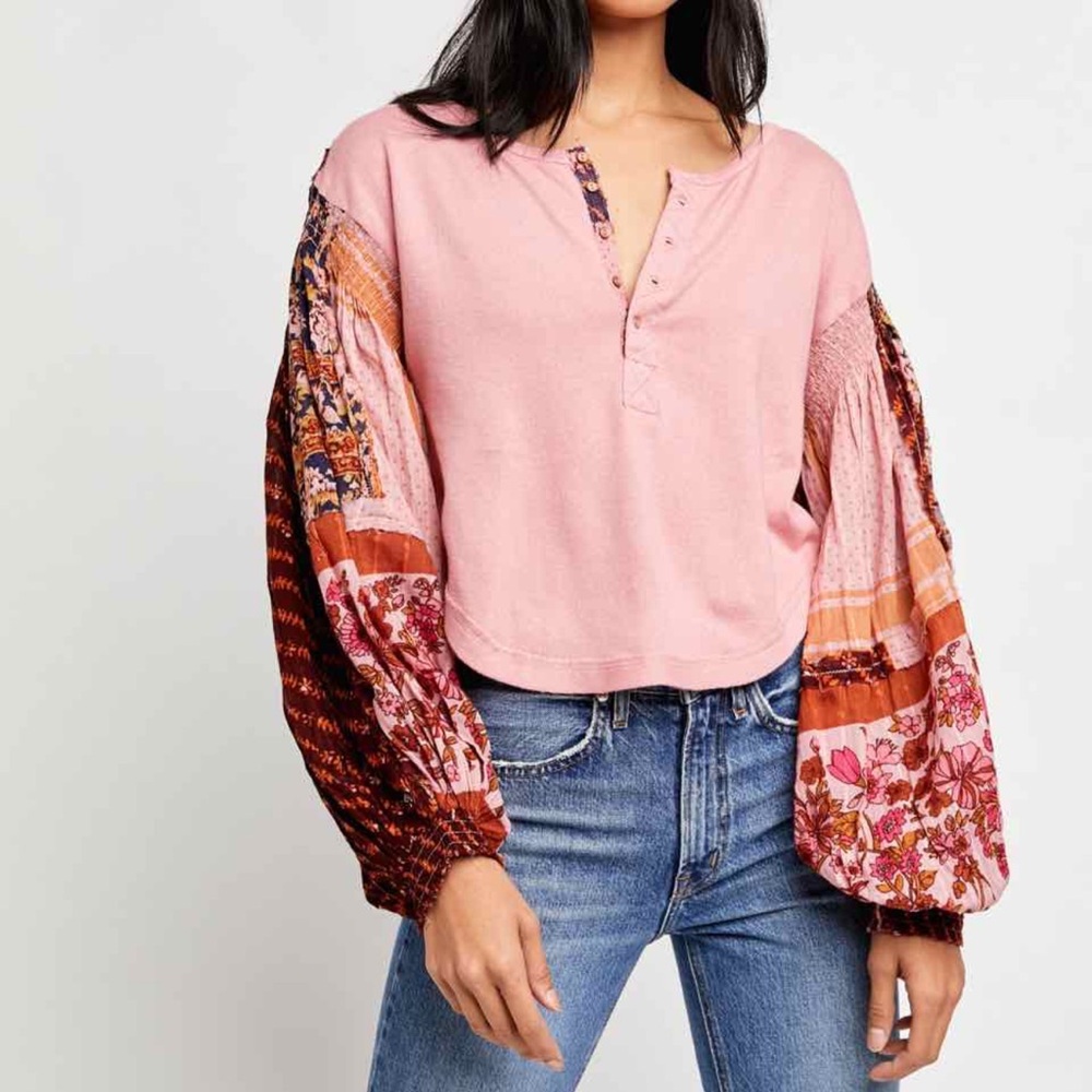 Free People Light Magic Henley Blouse M – Patchwork Sleeves, Boho Knit